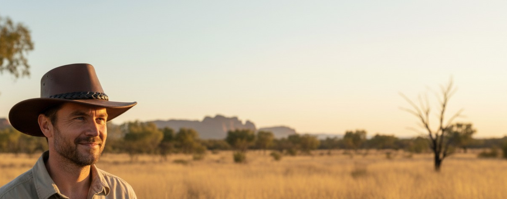 Smiling man in a Kangaroo Leather Hats in the Australian outback.