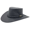 Side profile of black kangaroo leather hat with logo badge