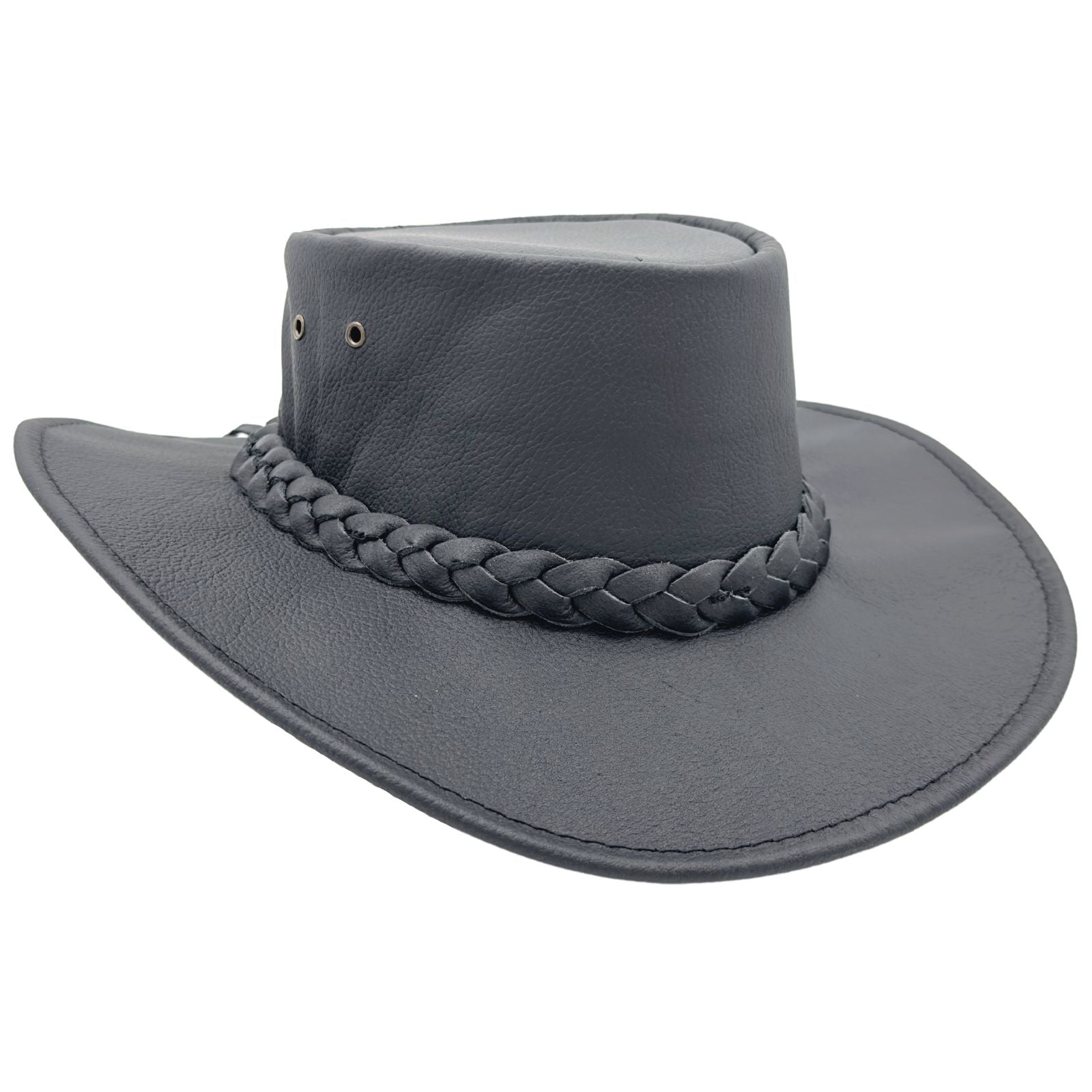 Side profile of black kangaroo leather hat