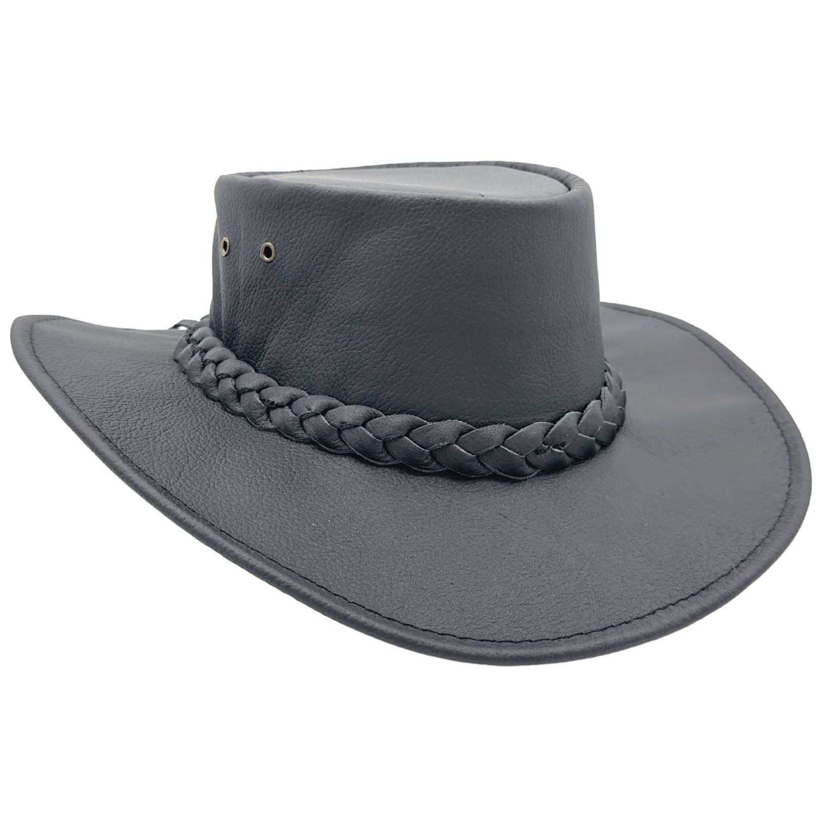Side profile of black kangaroo leather hat