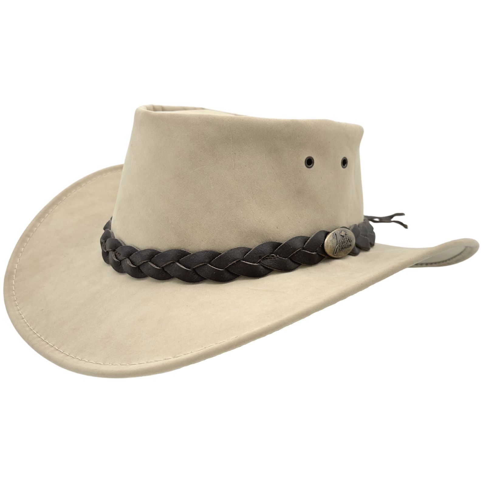 Side profile of sand kangaroo leather hat with logo badge