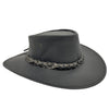 A Black kangaroo leather hat with a moldable wire brim and a braided band, made in Australia.