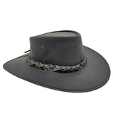 A Black kangaroo leather hat with a moldable wire brim and a braided band, made in Australia.