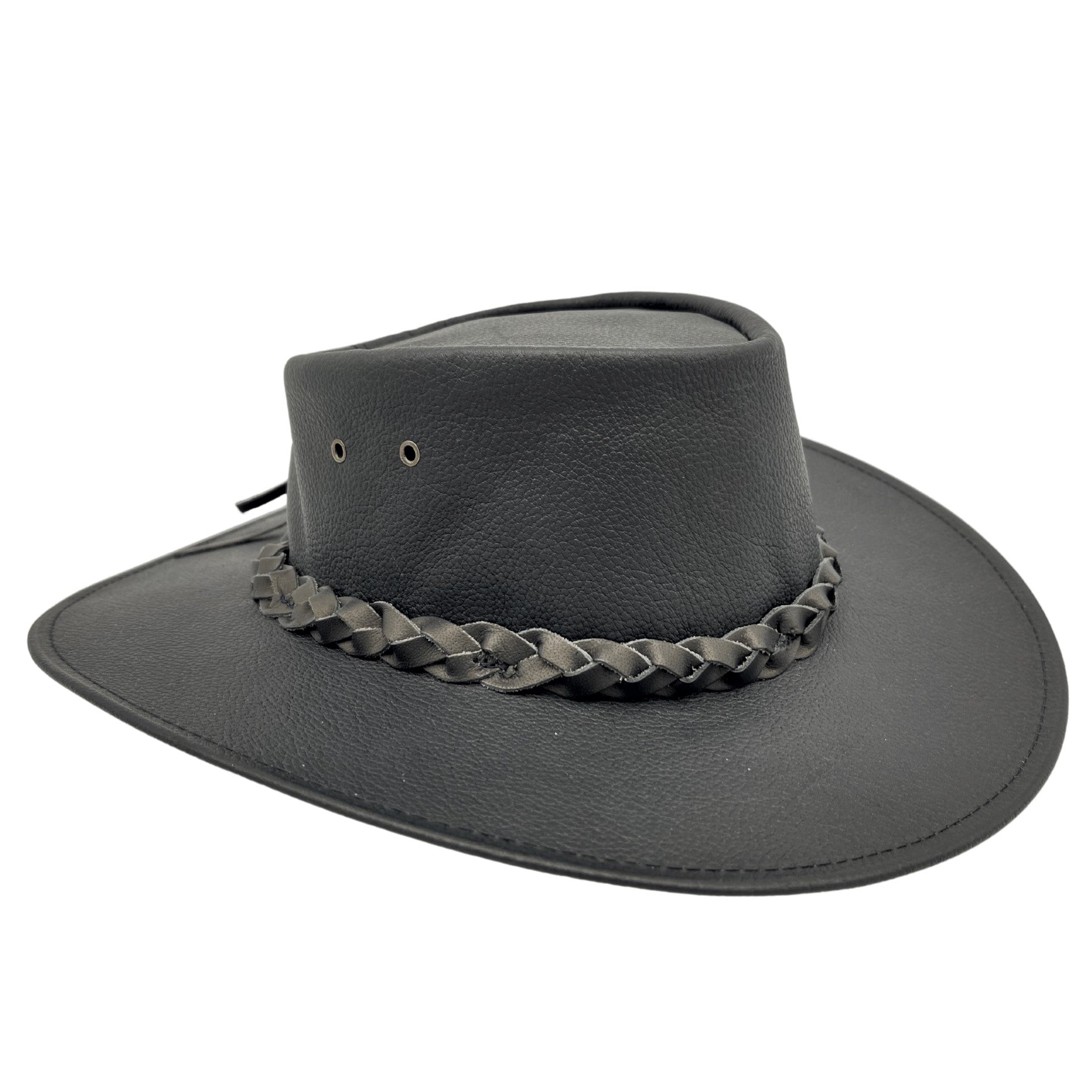A Black kangaroo leather hat with a moldable wire brim and a braided band, made in Australia.