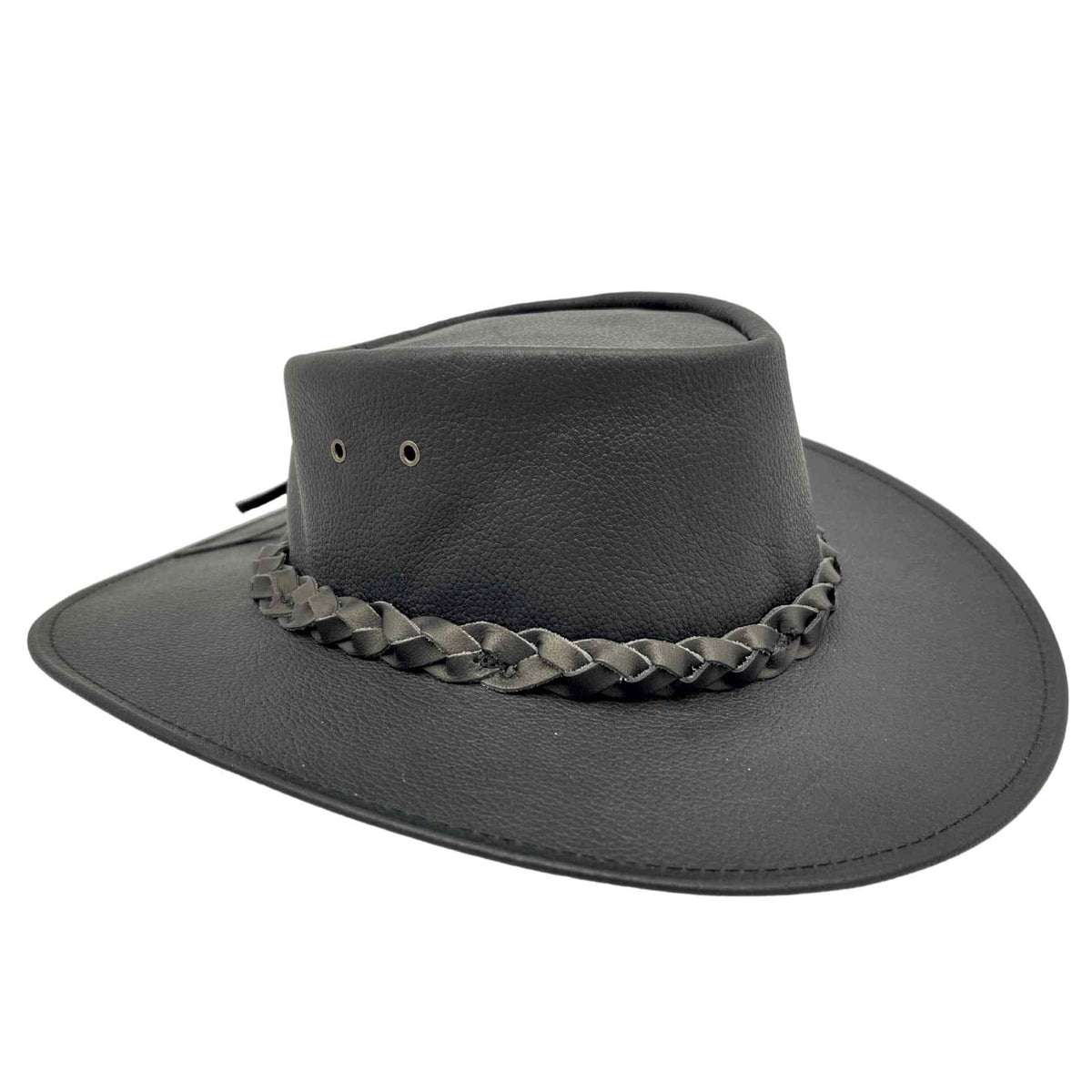 A Black kangaroo leather hat with a moldable wire brim and a braided band, made in Australia.