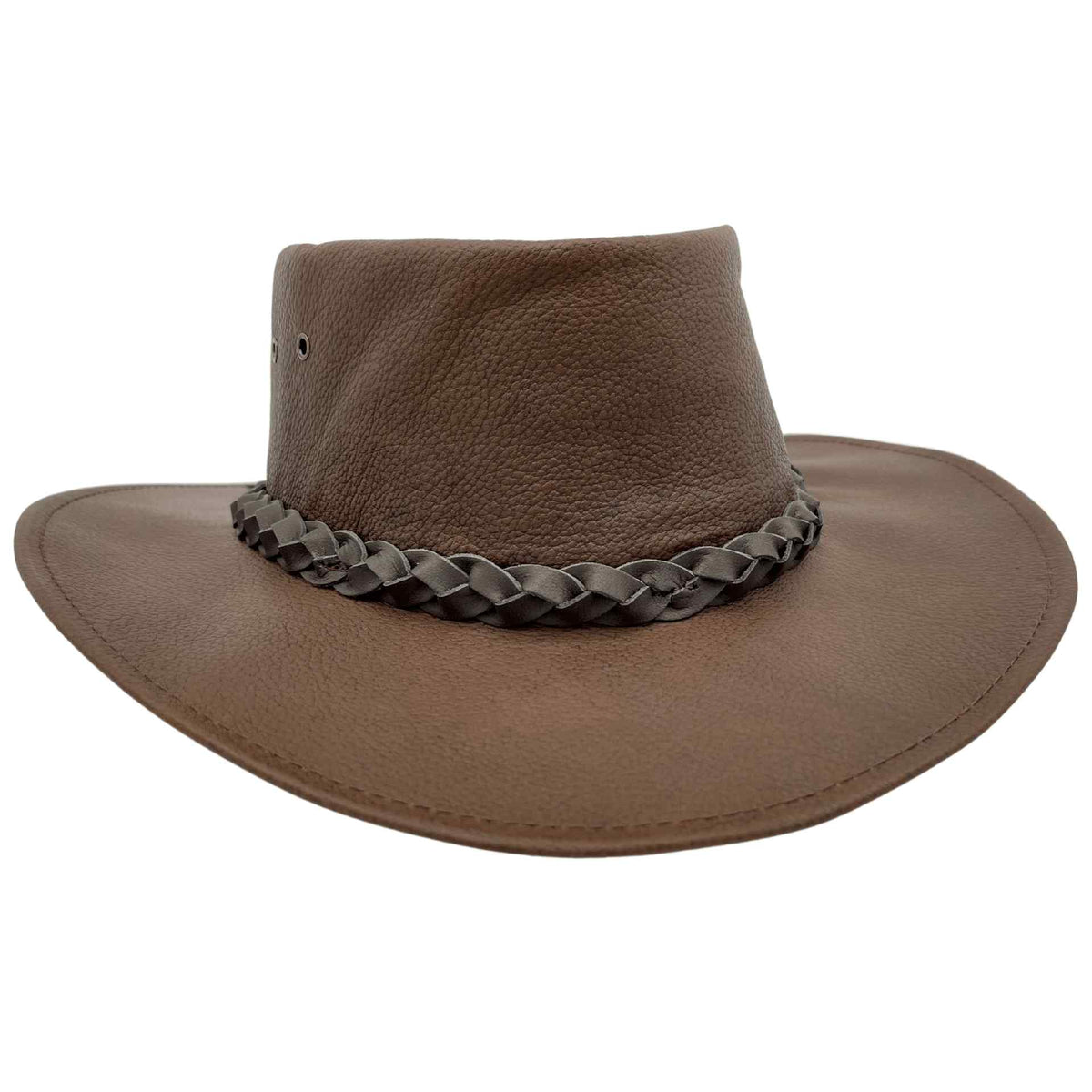 A brown kangaroo leather hat with a moldable wire brim and a braided band, made in Australia.