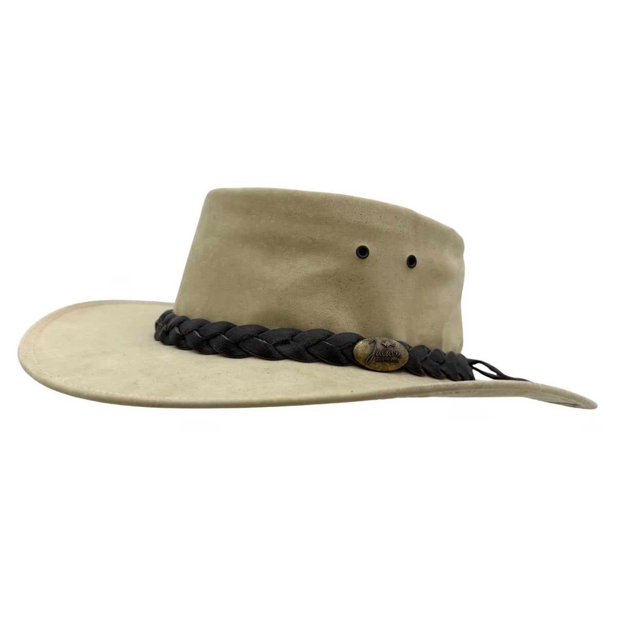 Jacaru 1001P sand kangaroo leather hat with black braided band and brass logo emblem.