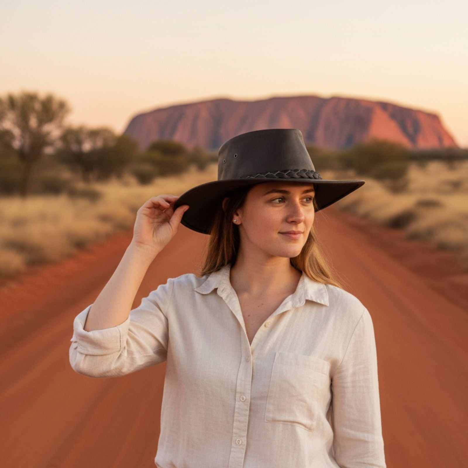 Woman in a white shirt and black hat standing on a dirt road with Uluru in the background