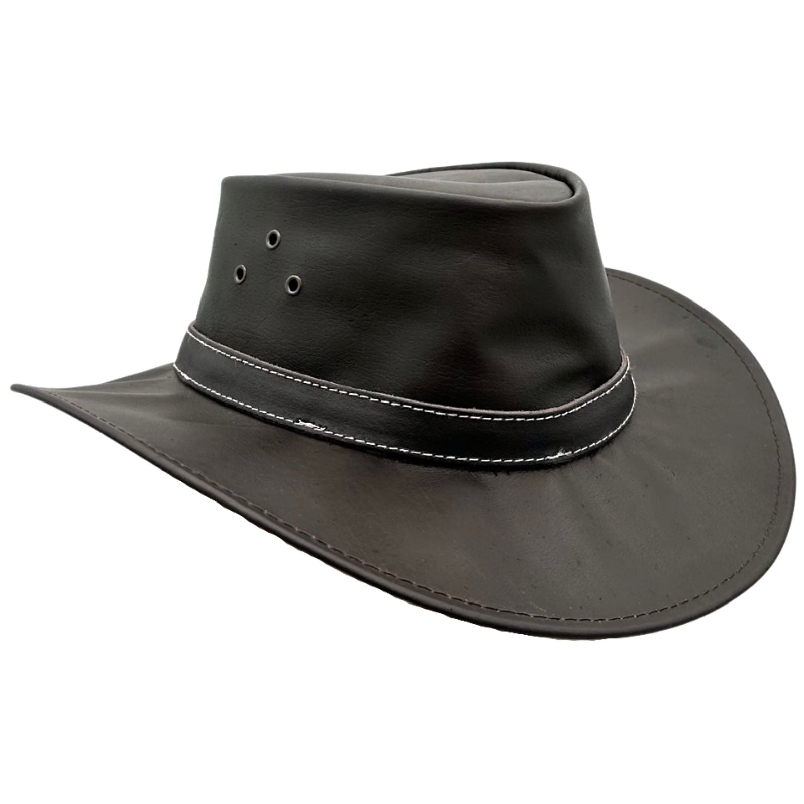 A black Jacaru 1005 Kangaroo Featherweight hat with eyelets and a Kangaroo leather band, made in Australia.