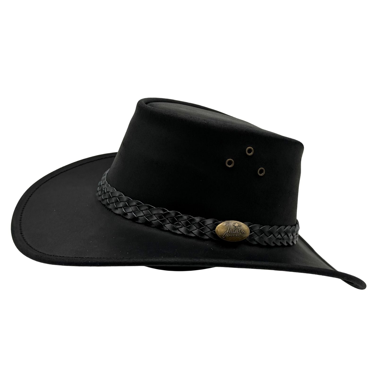 Black cowboy hat with a braided leather band on a white background