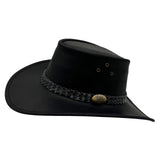 Black cowboy hat with braided band and gold buckle on a white background