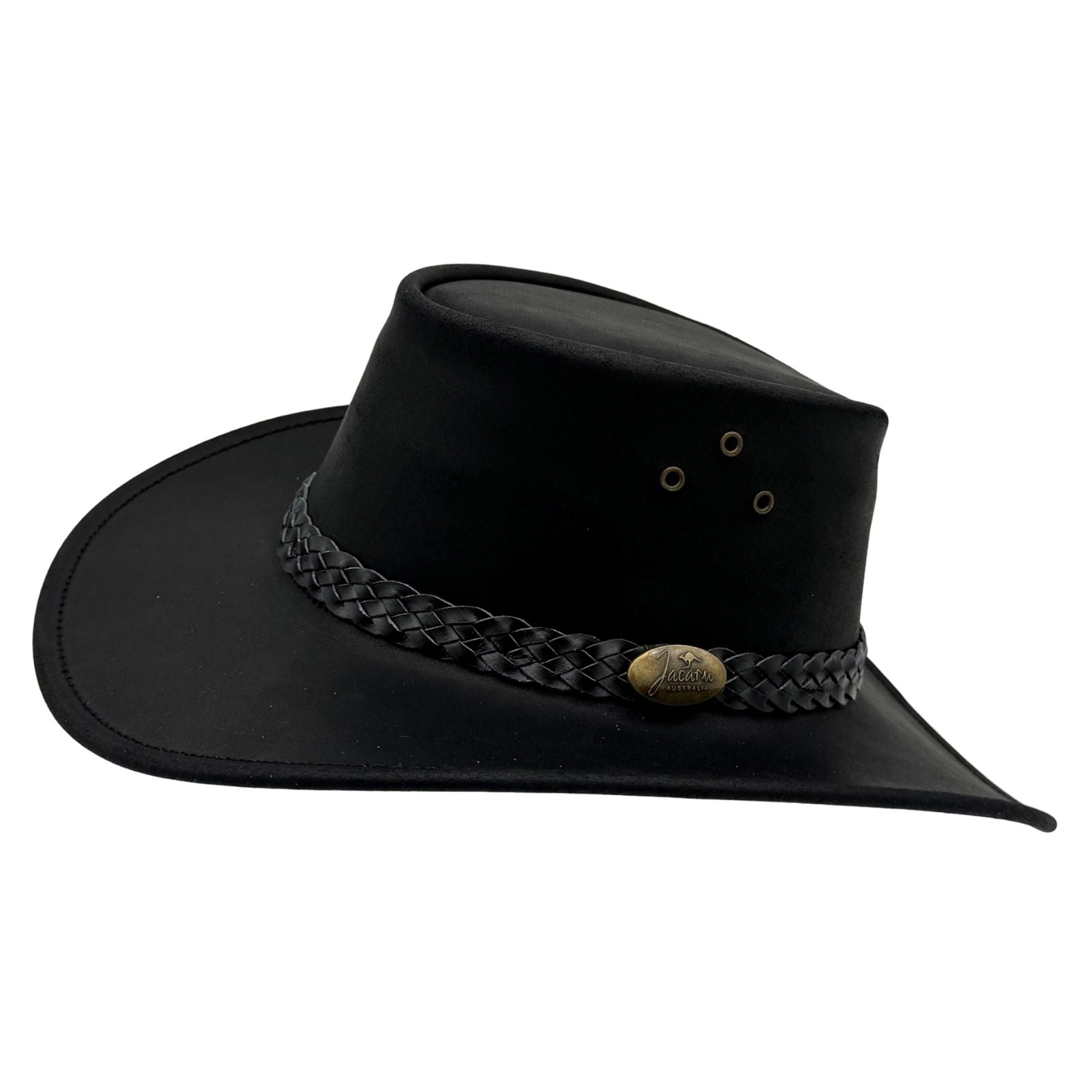 Black cowboy hat with braided band and gold buckle on a white background