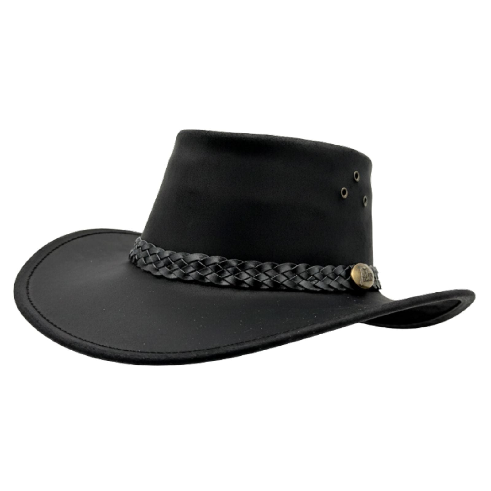Black cowboy hat with braided leather band on a white background