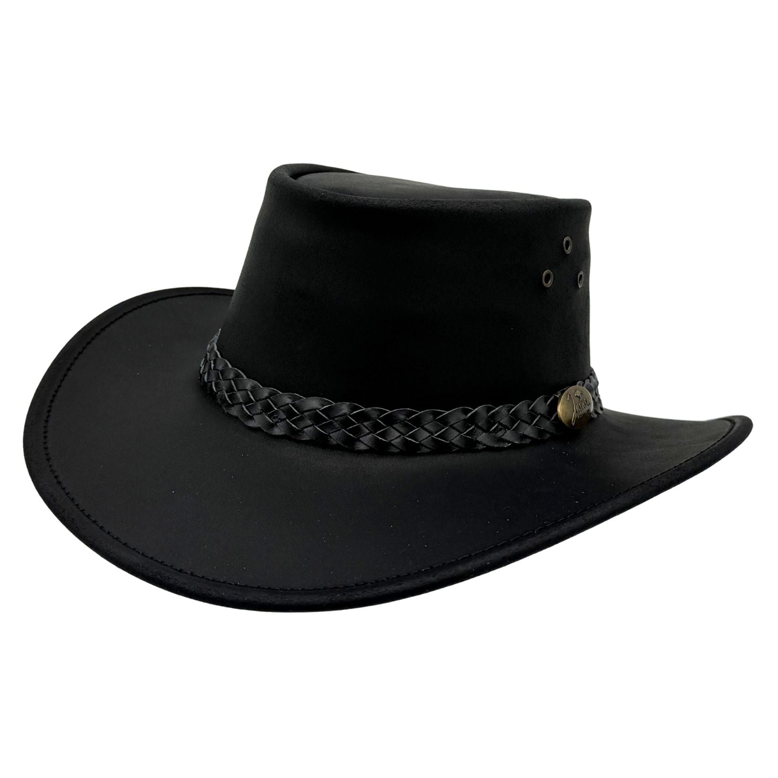 Black cowboy hat with braided band on a white background