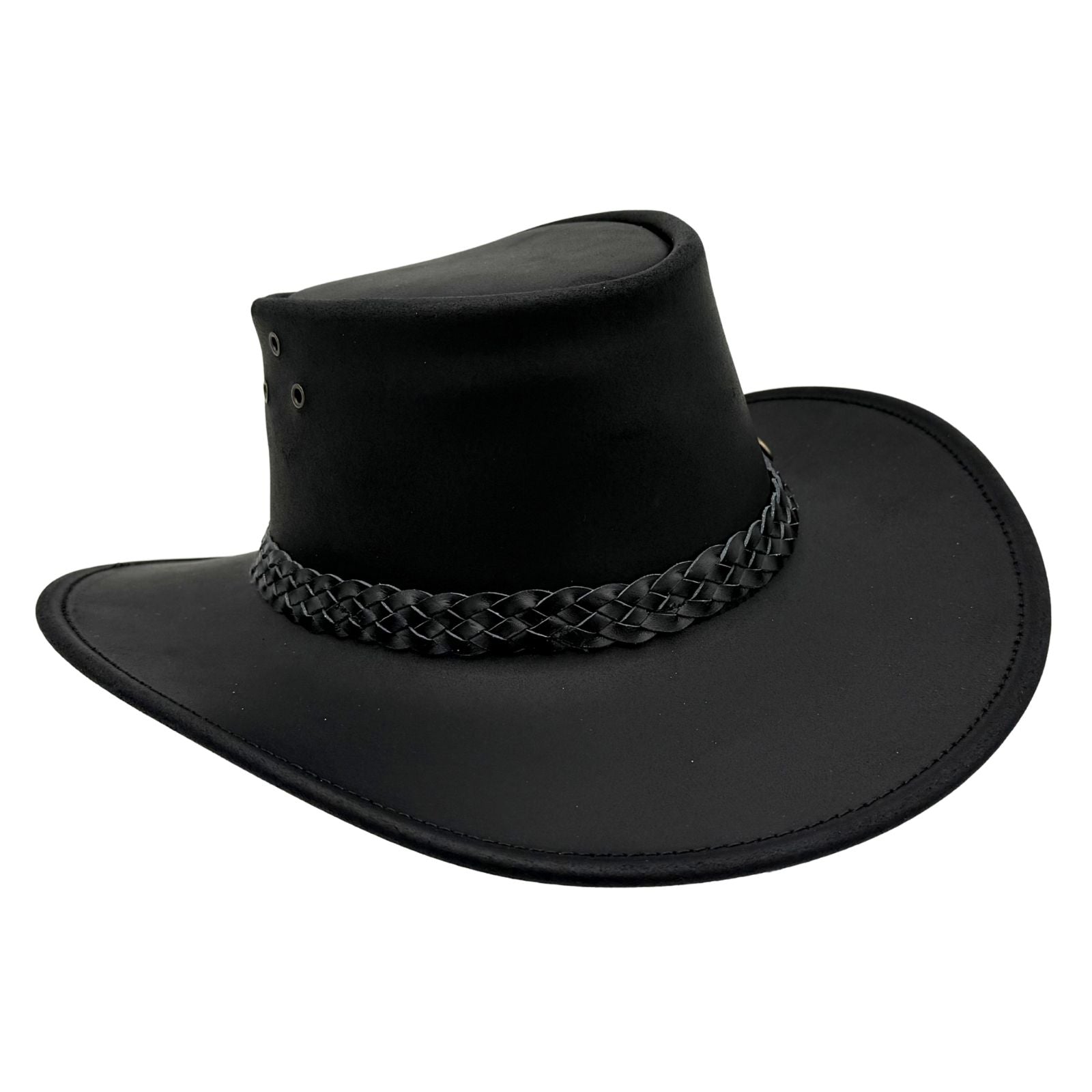 Black cowboy hat with braided band on a white background