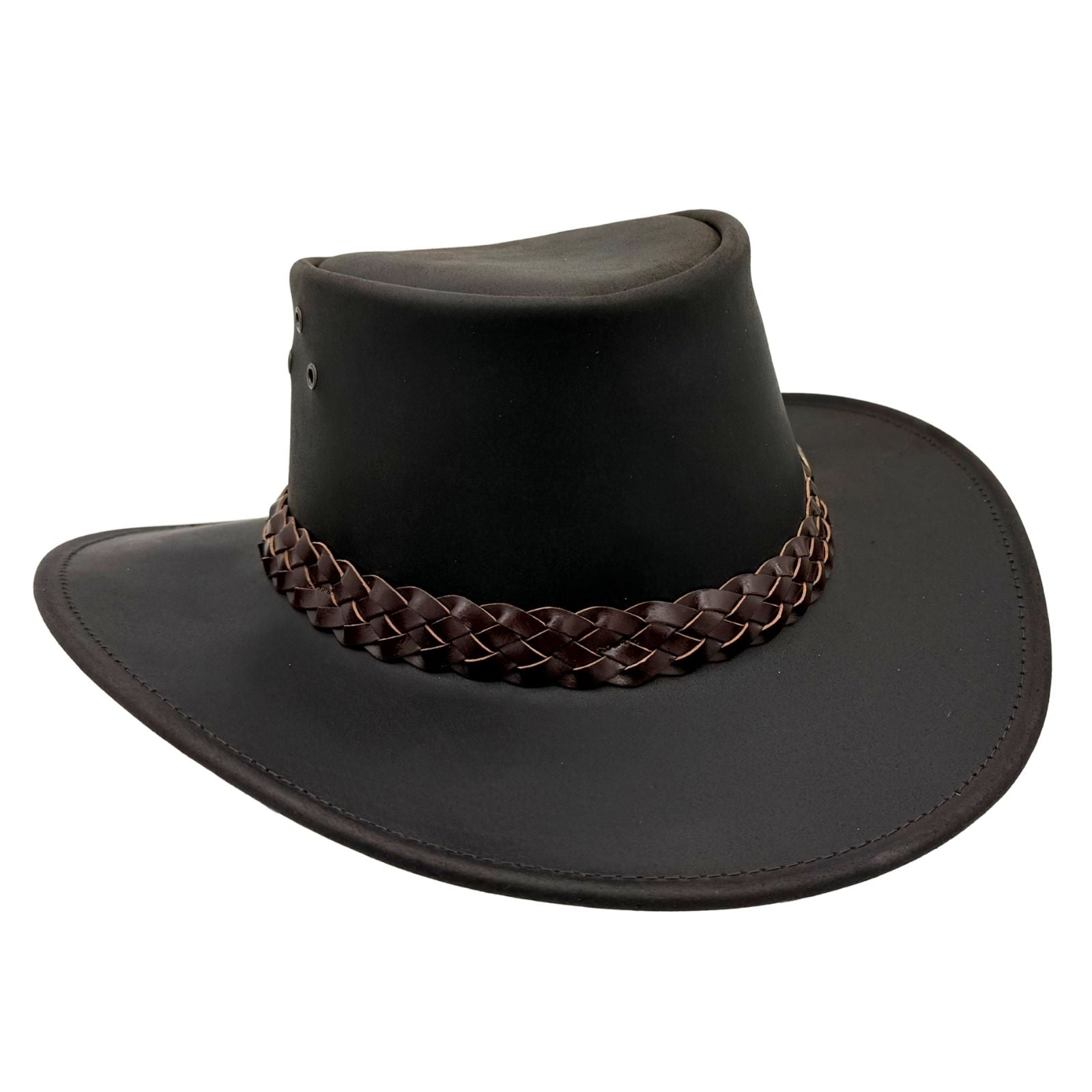 Brown leather hat with braided band on a white background