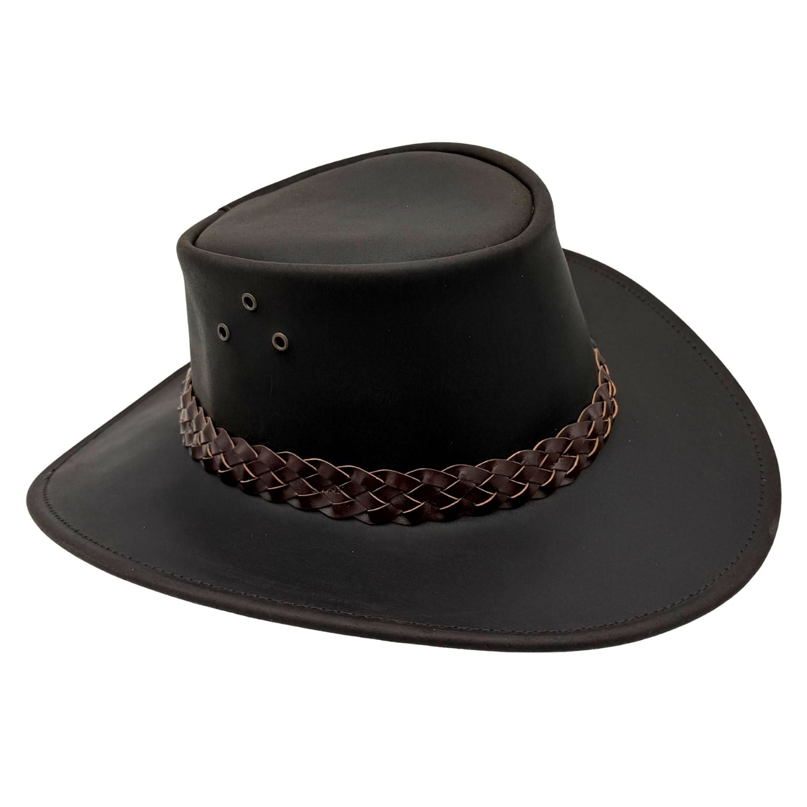 Black leather hat with braided brown band on a white background