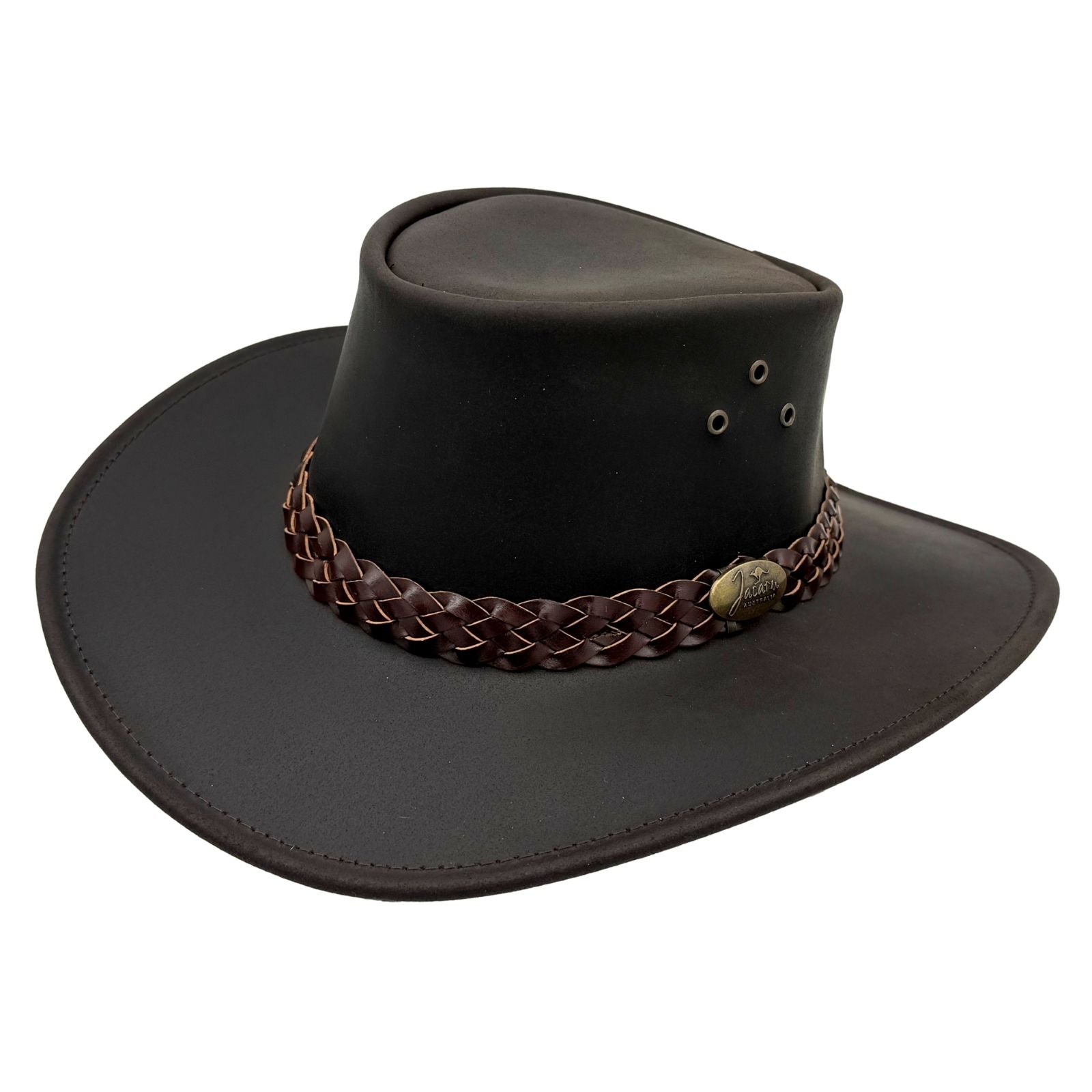 Brown leather hat with braided band on a white background