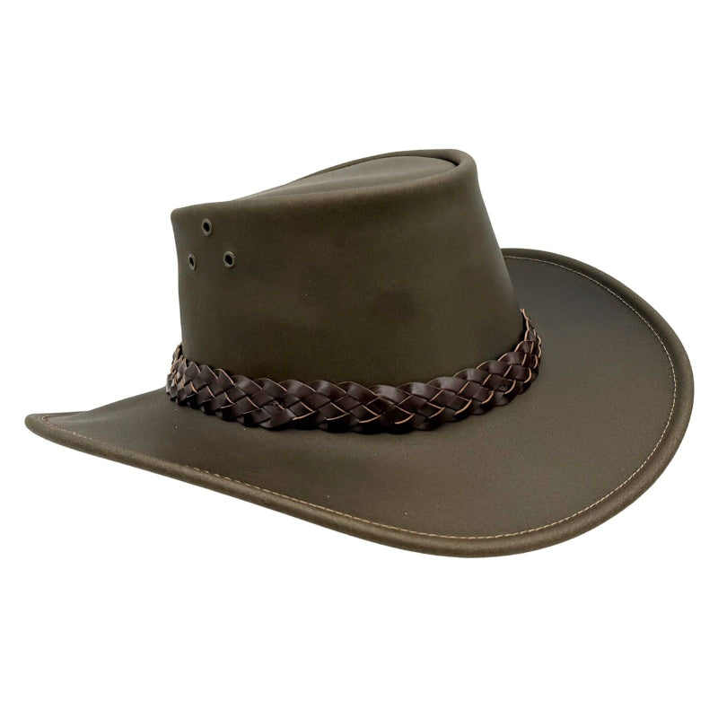 Brown leather hat with braided band on a white background