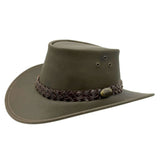 Brown cowboy hat with a braided leather band on a white background