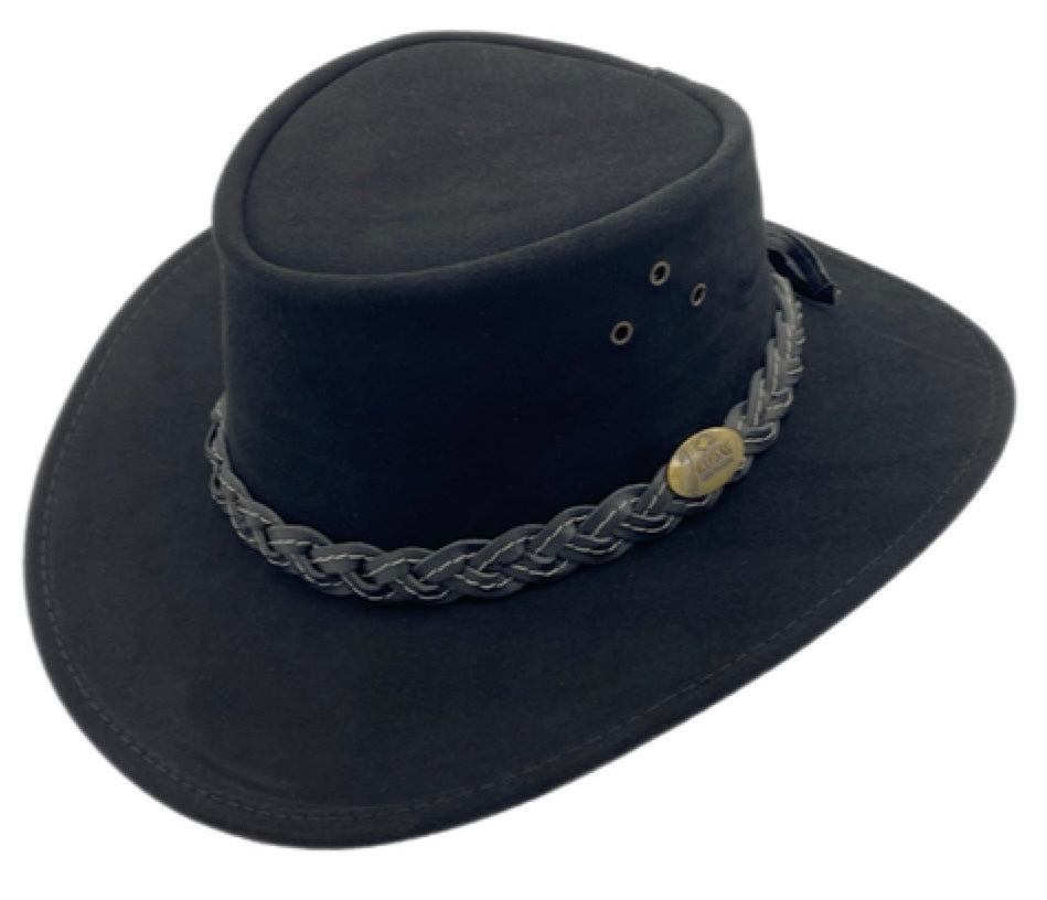 Side profile of black suede hat with braided hatband.