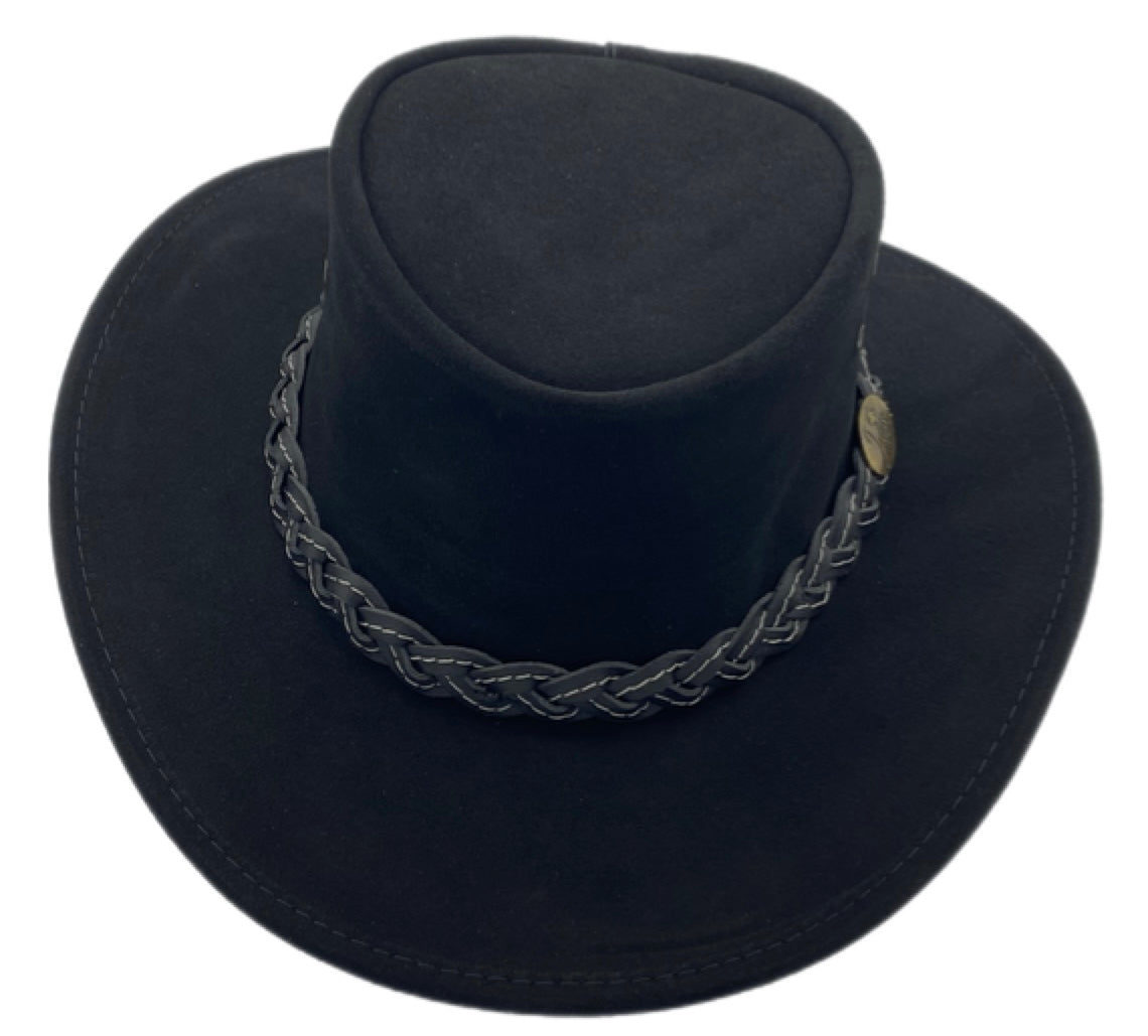 Black suede outback hat with braided leather band.