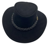 Black suede outback hat with braided leather band.