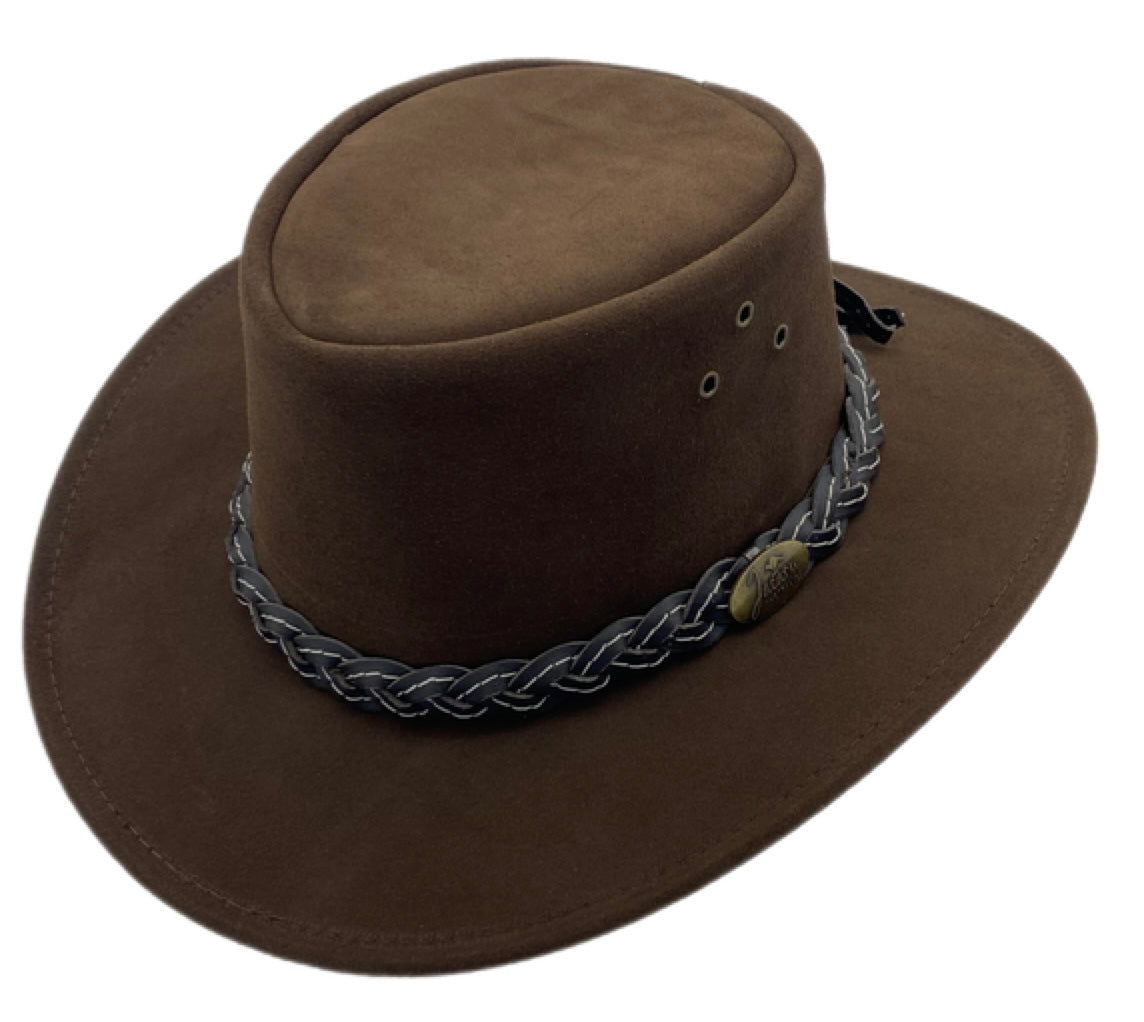 Side profile of brown suede hat with braided hatband.