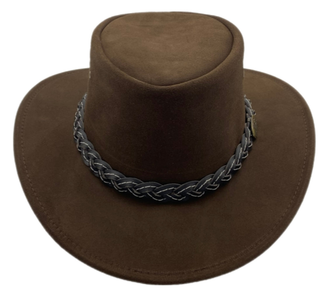 rear profile of brown suede hat with braided hatband.