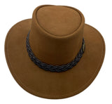Top-down view of tan suede hat with braided band