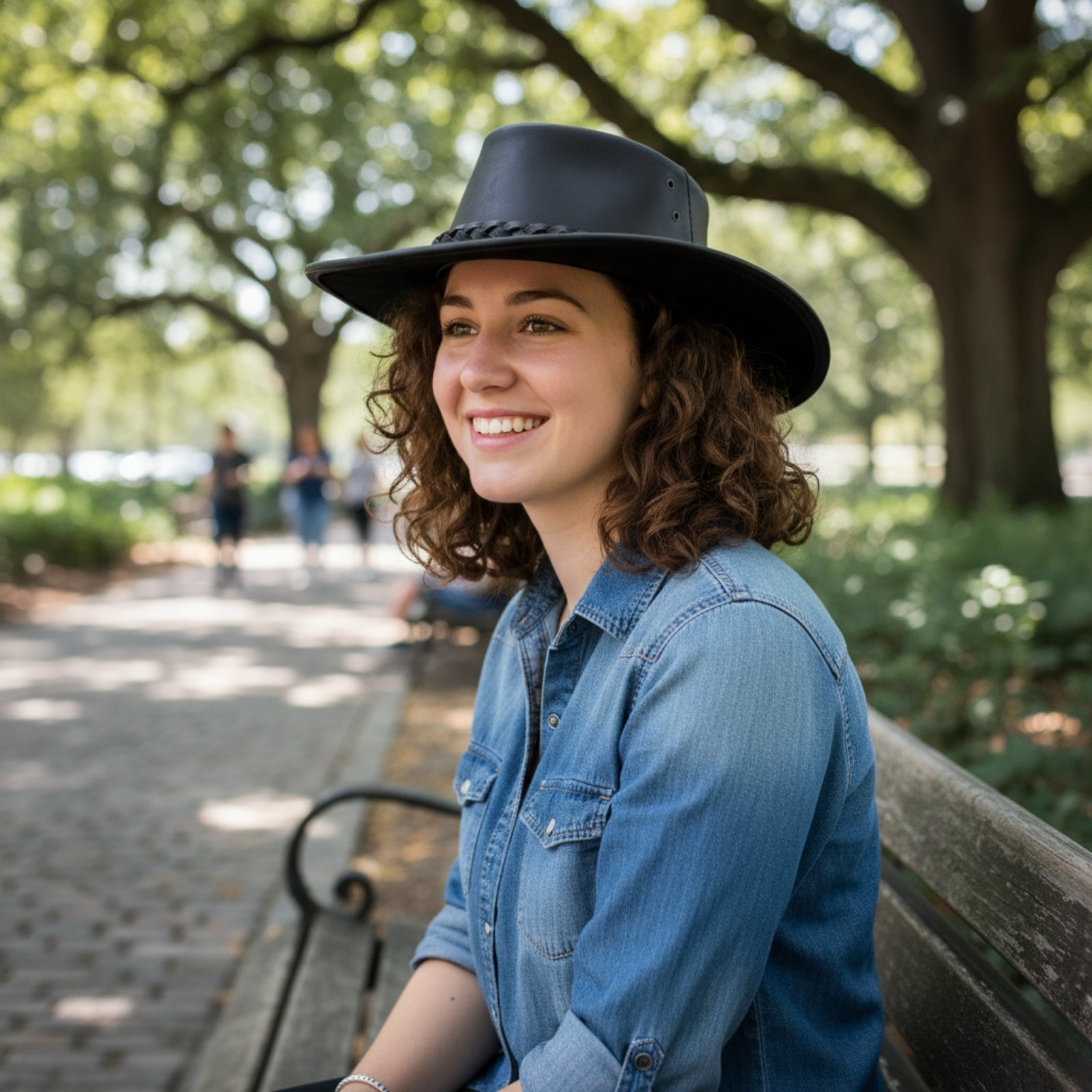 Woman wearing a black Jacaru 1015 Capricorn Hat and blue denim shirt sitting on a bench in a park.