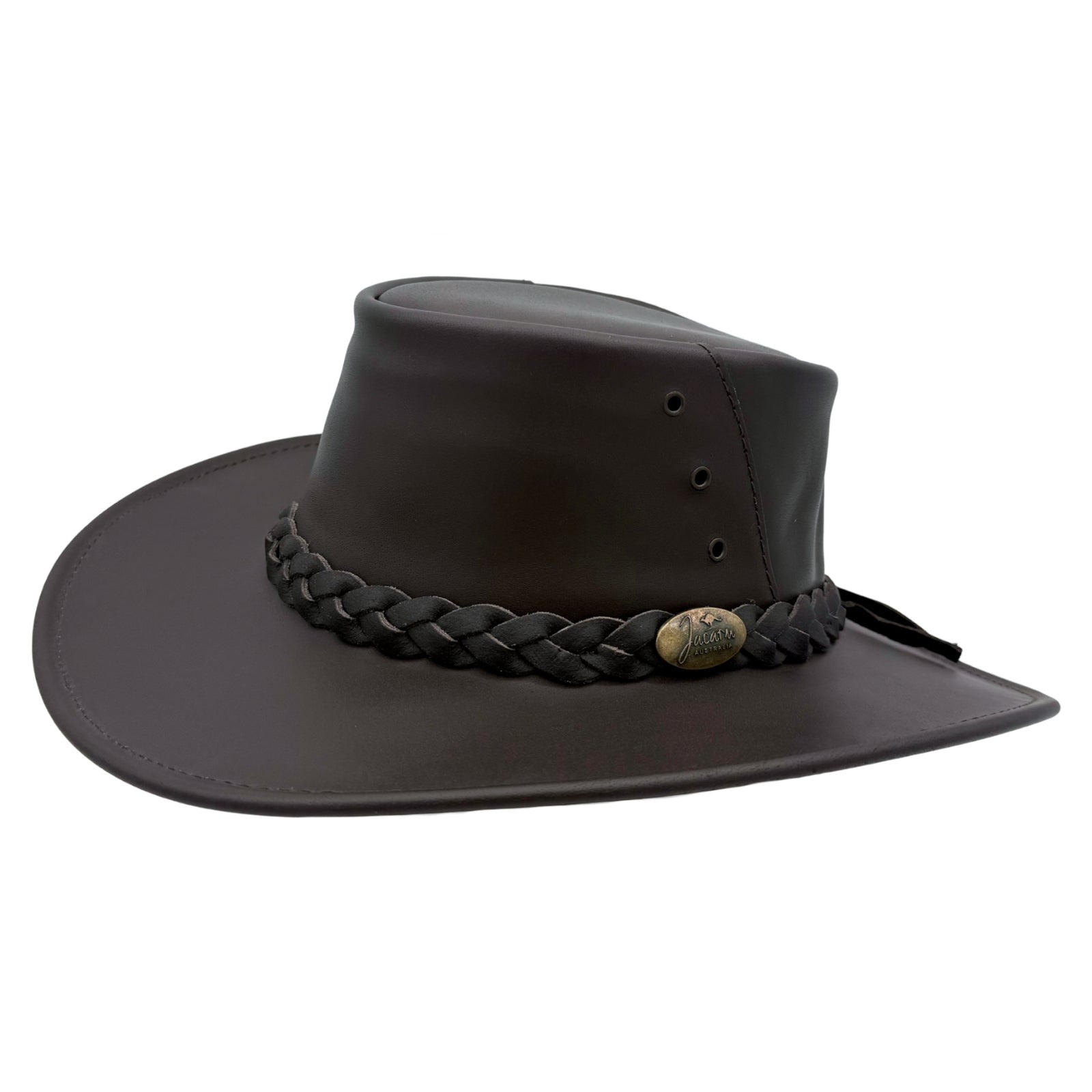 Brown Capricorn Hat with braided band and logo on a white background