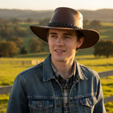 Man wearing a Jacaru 1018 Kangaroo Bushranger Hat Chestnut Brown