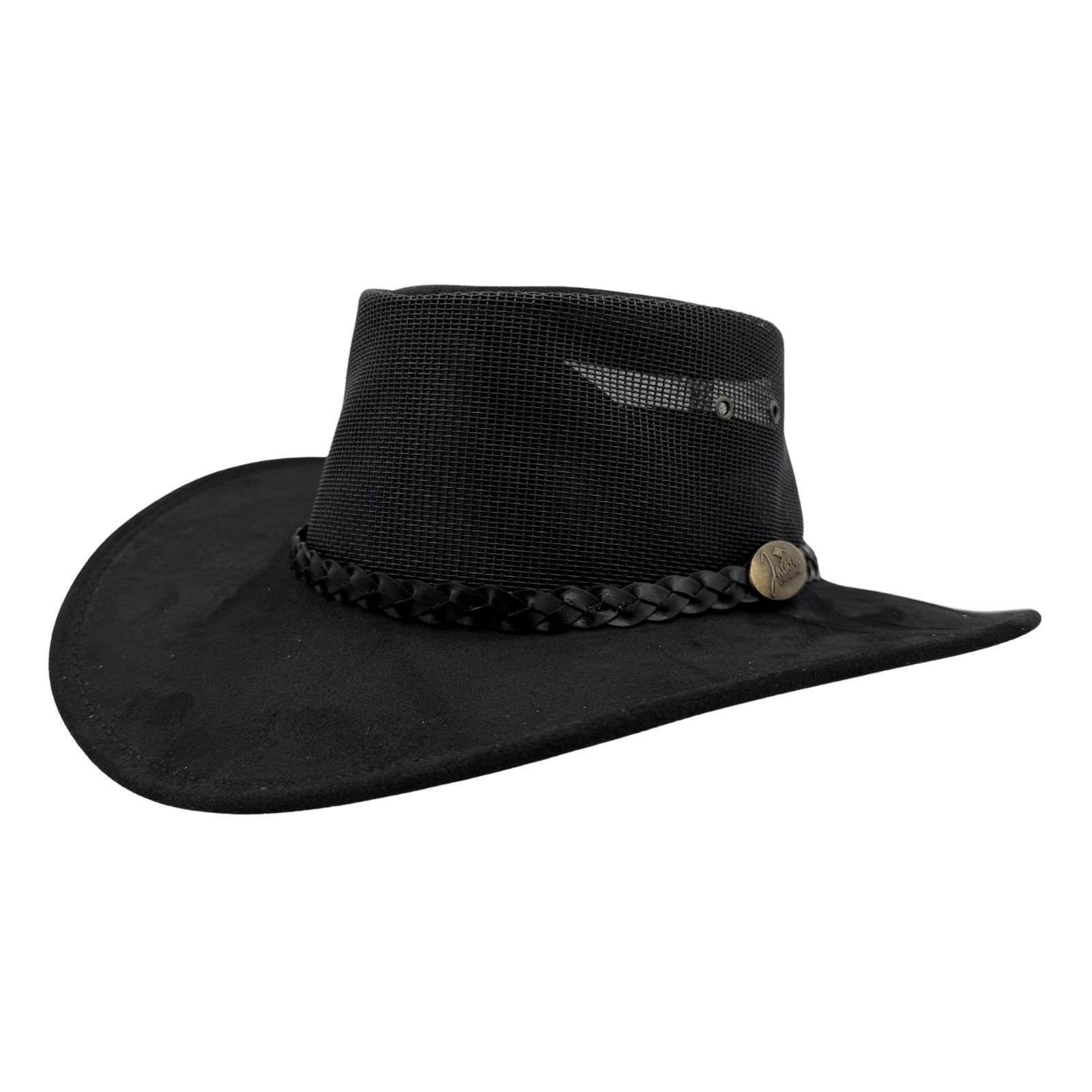 Black cowboy hat with braided band and button on a white background