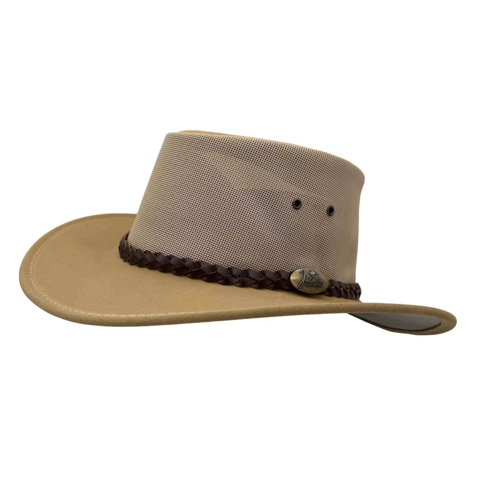 Beige cowboy hat with braided band and button on a white background