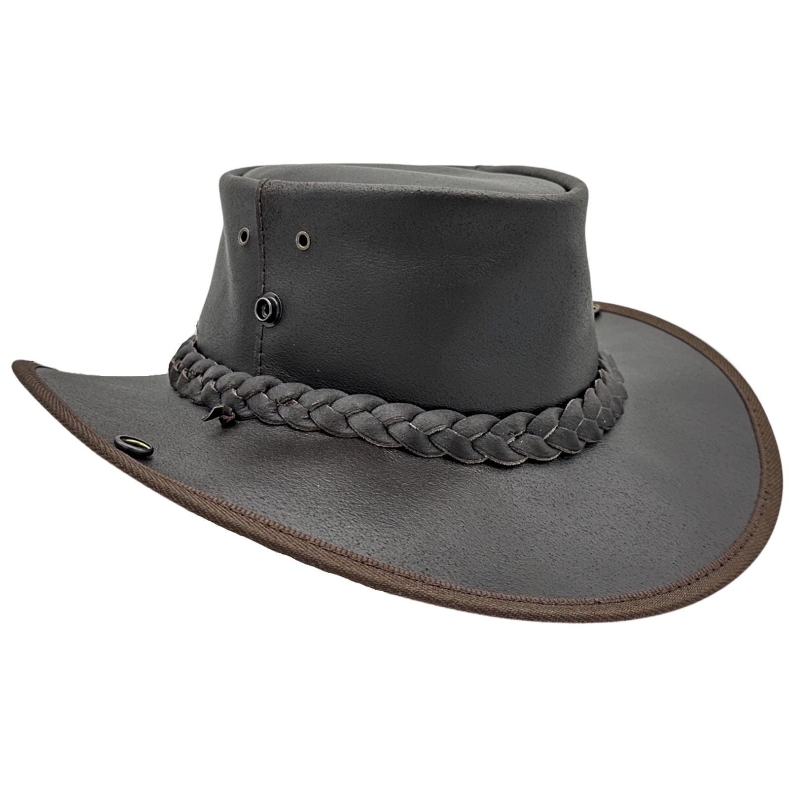 A dark brown Jacaru 101 Boundary Rider Bovine Leather Hatwith a chin strap, featuring a wide brim and a decorative braided band around the crown.