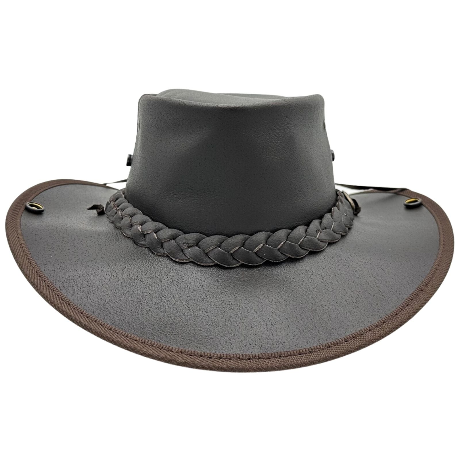 A dark brown Jacaru 101 Boundary Rider Bovine Leather Hatwith a chin strap, featuring a wide brim and a decorative braided band around the crown.