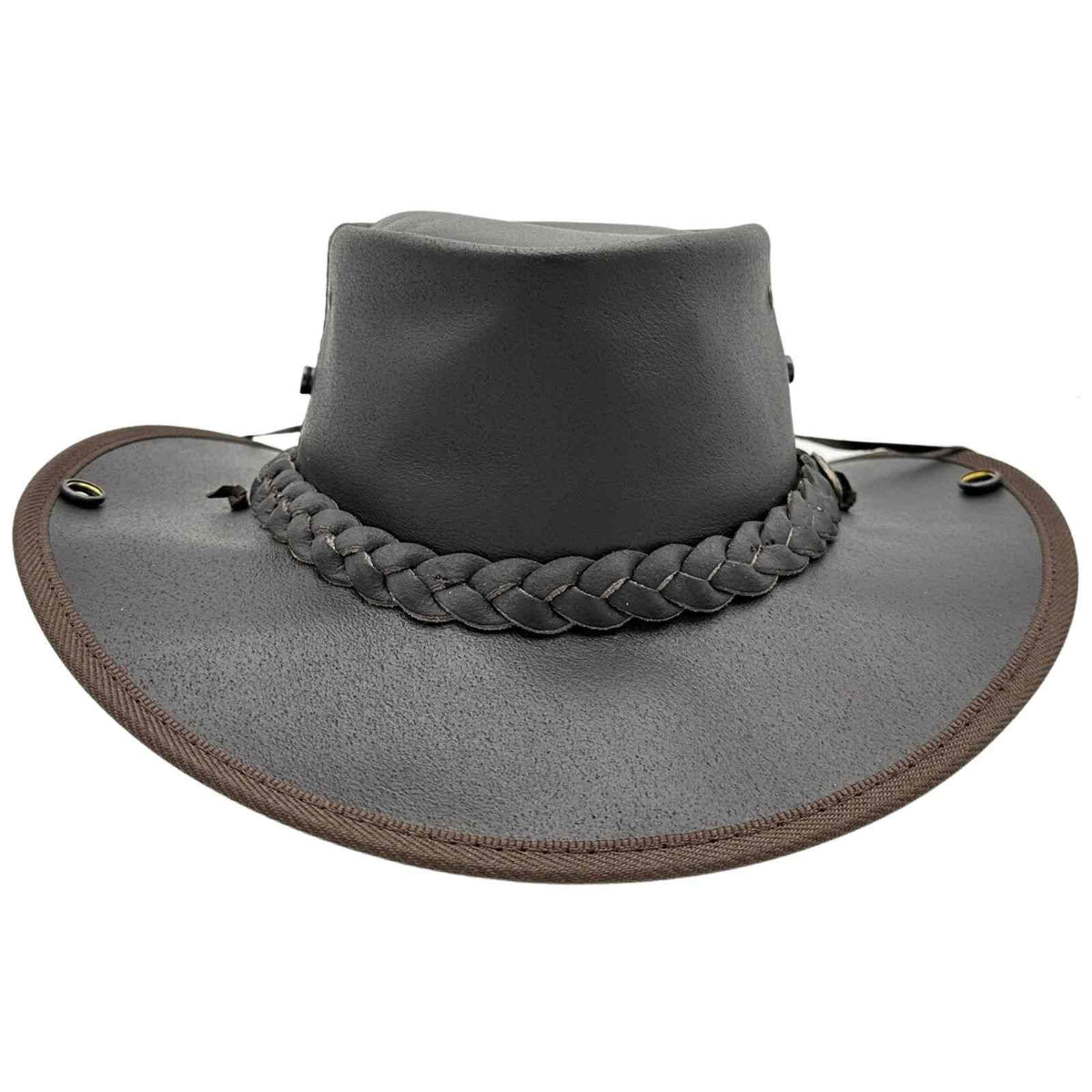 A dark brown Jacaru 101 Boundary Rider Bovine Leather Hat with a chin strap, featuring a wide brim and a decorative braided band around the crown.