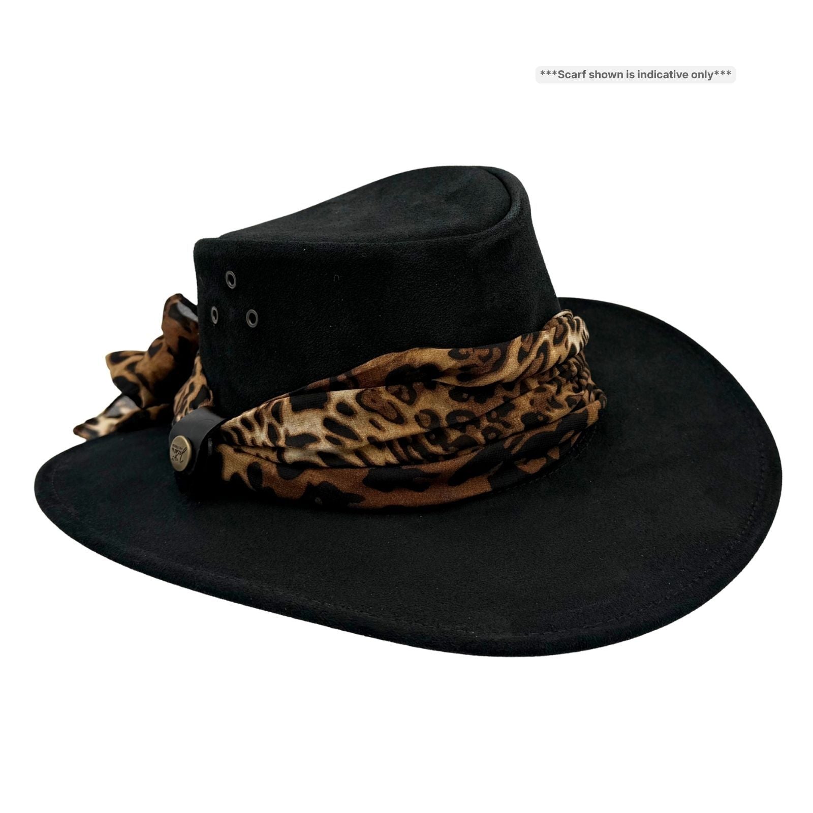 Black Jacaru 1020 Jillaroo Hat with a leopard print scarf on a white background