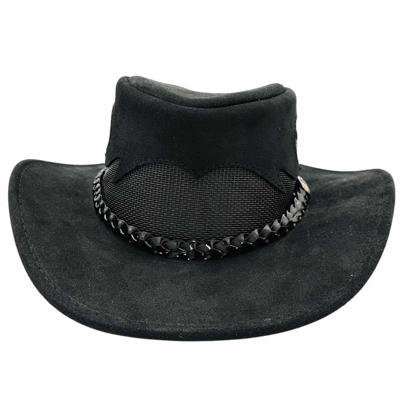A Black Jacaru 1021 Blaze hat with a mesh crown and bovine leather, featuring a decorative detail on the front.