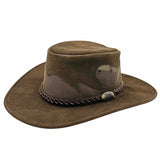 A brown Jacaru 1021 Blaze hat with a mesh crown and bovine leather, featuring a decorative detail on the front.