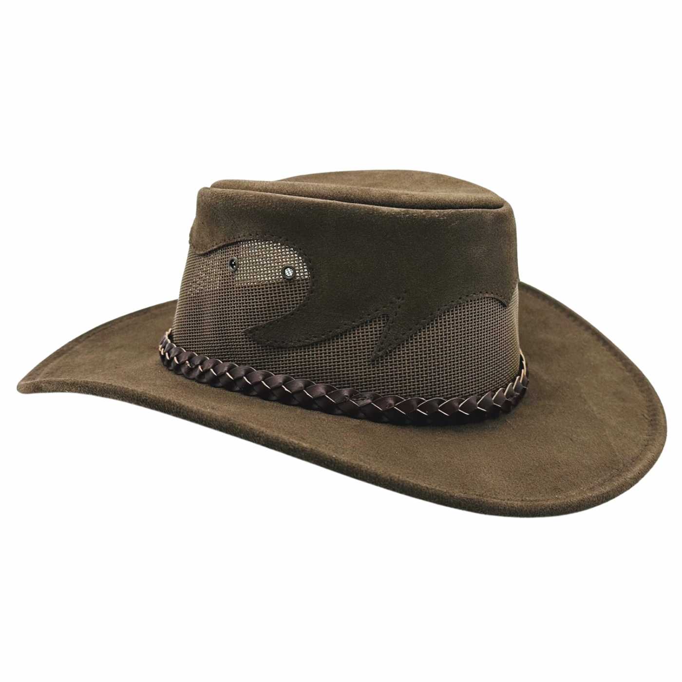 A brown Jacaru 1021 Blaze hat with a mesh crown and bovine leather, featuring a decorative detail on the front.