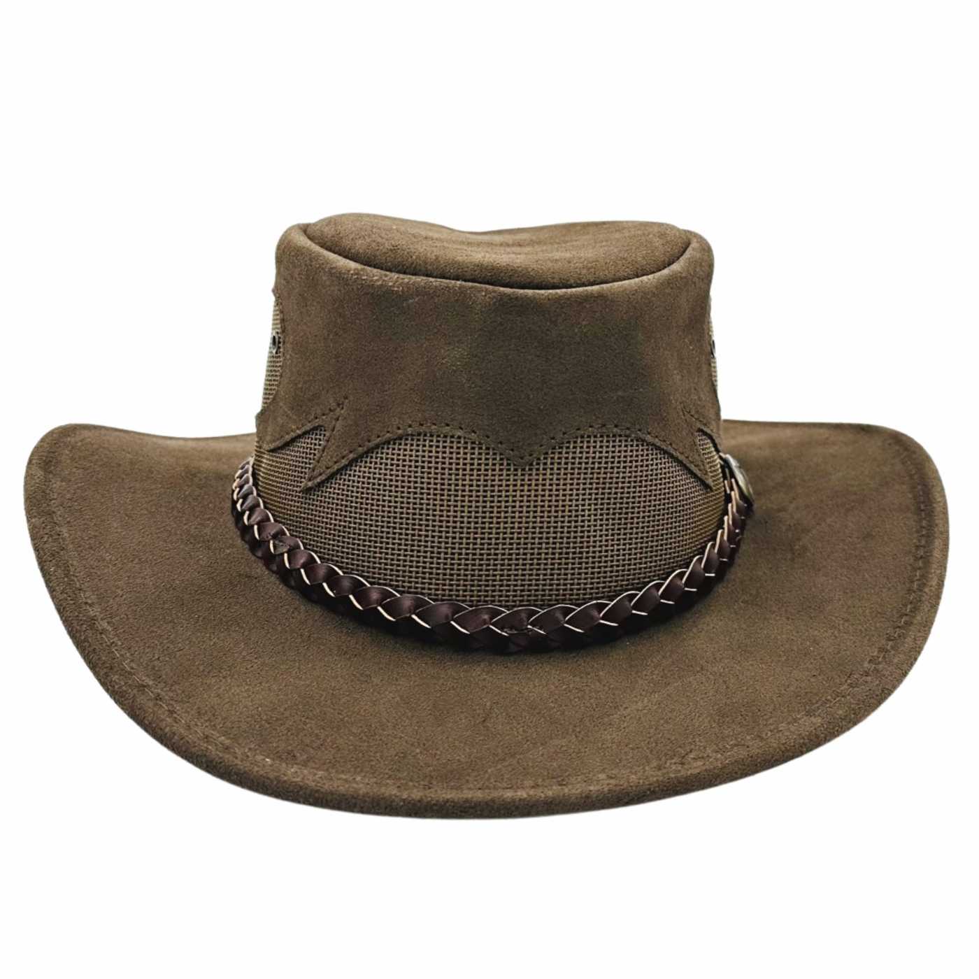 A brown Jacaru 1021 Blaze hat with a mesh crown and bovine leather, featuring a decorative detail on the front.