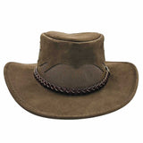 A brown Jacaru 1021 Blaze hat with a mesh crown and bovine leather, featuring a decorative detail on the front.