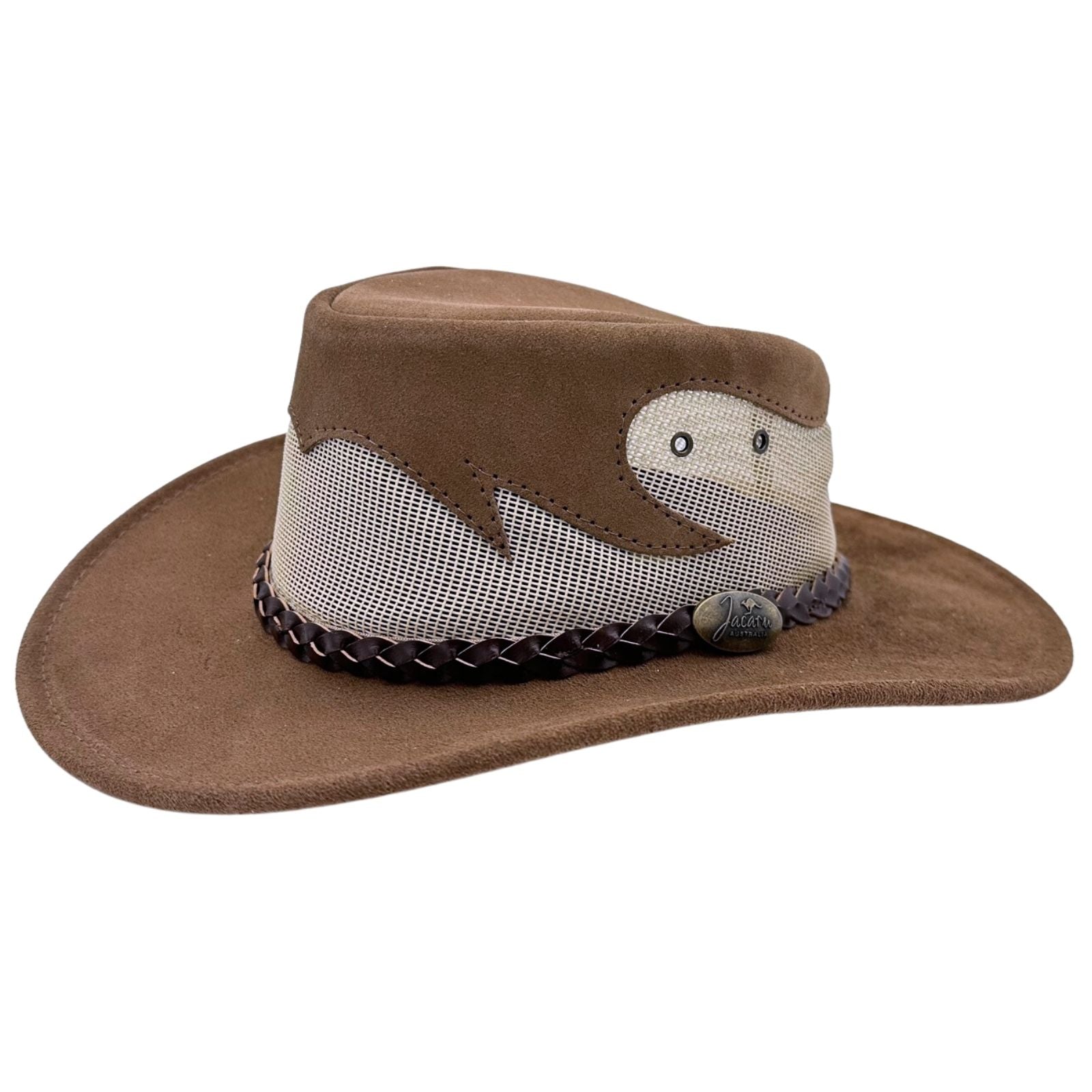 A Mushroom Jacaru 1021 Blaze hat with a mesh crown and bovine leather, featuring a decorative detail on the front.