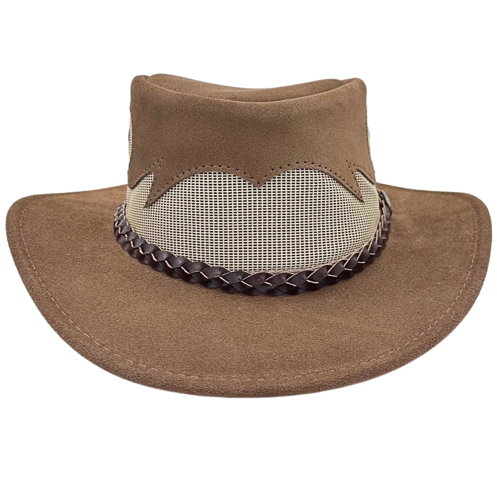 A Mushroom Jacaru 1021 Blaze hat with a mesh crown and bovine leather, featuring a decorative detail on the front.