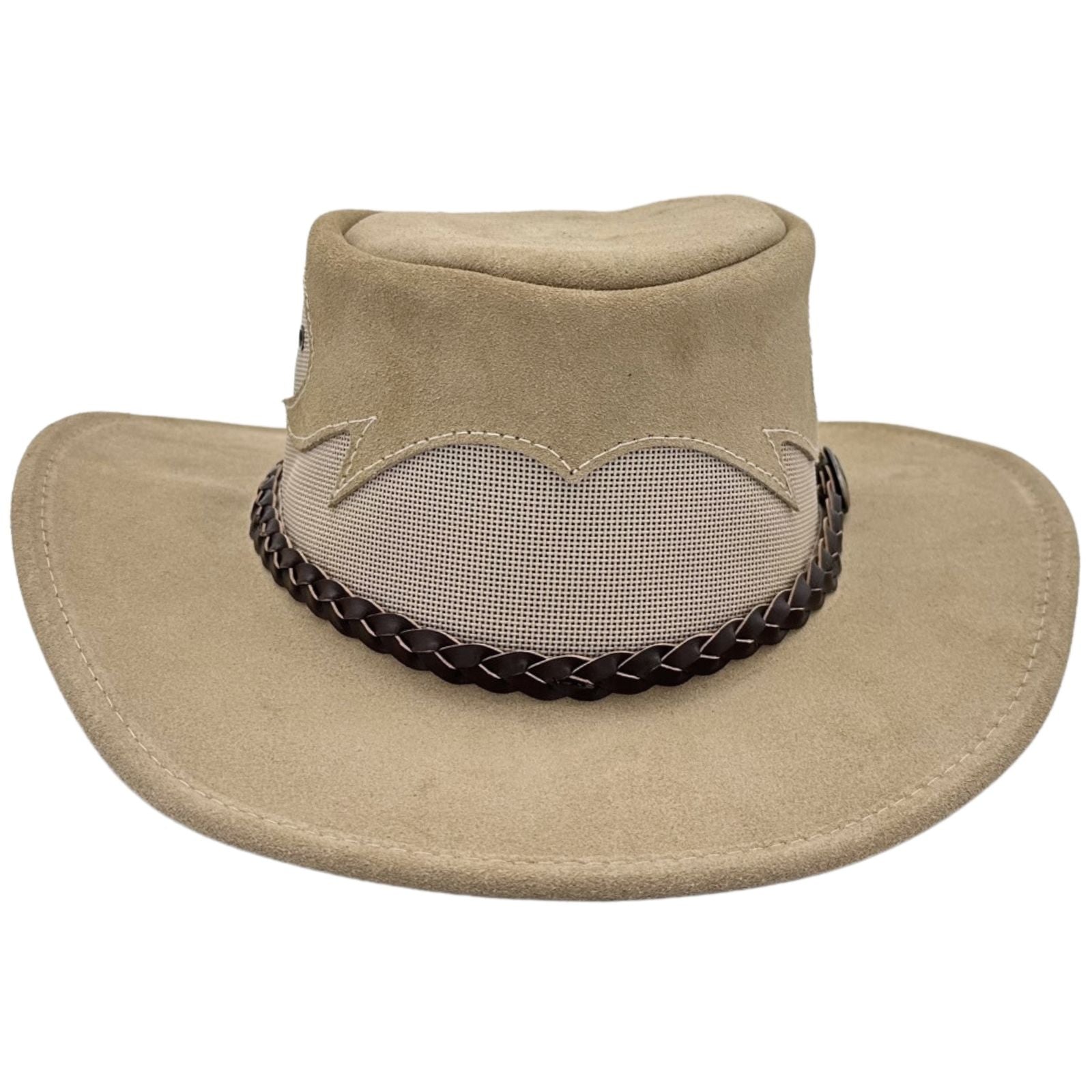 A beige Jacaru 1021 Blaze hat with a mesh crown and bovine leather, featuring a decorative detail on the front.