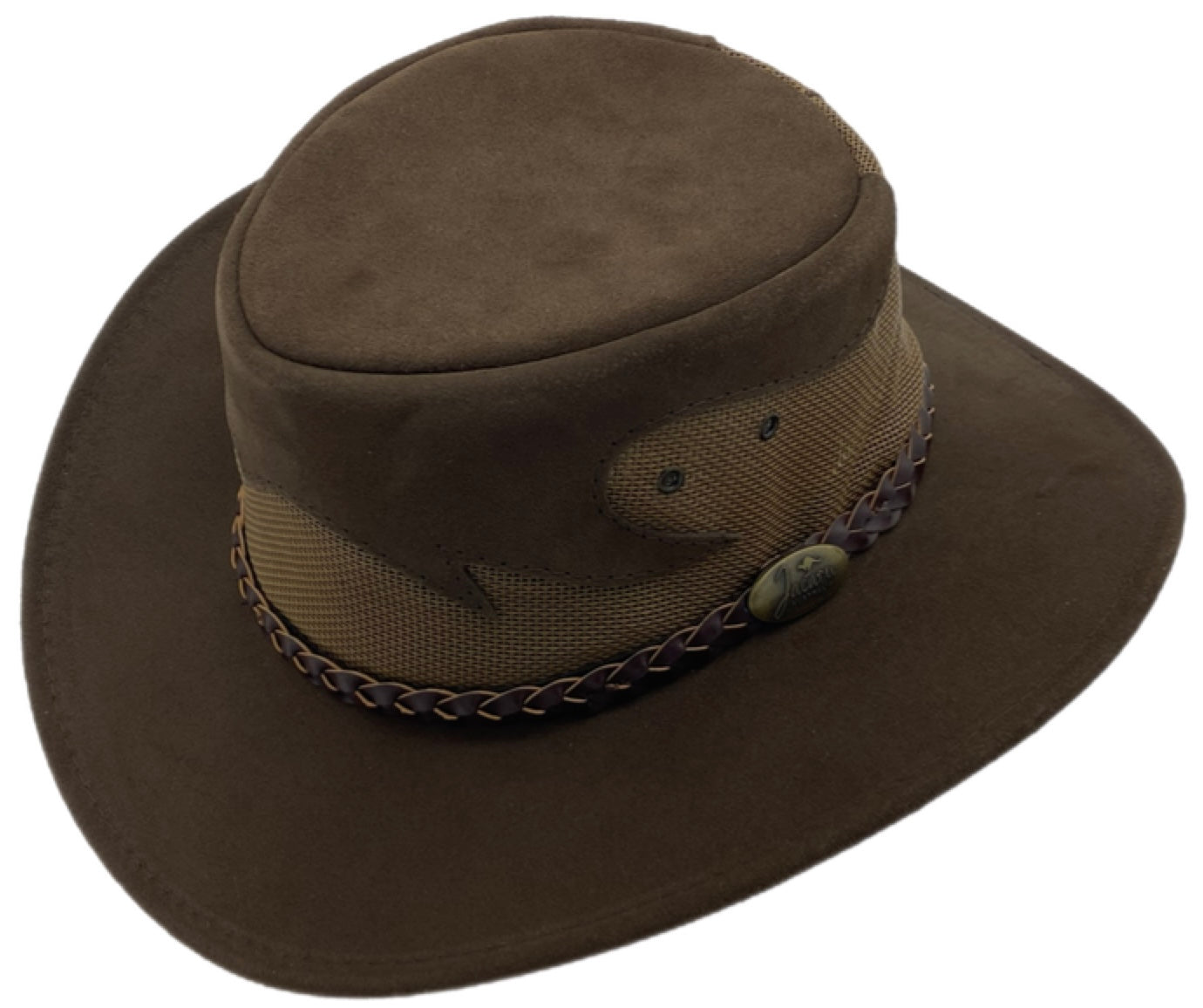 A Brown Jacaru 1021 Blaze hat with a mesh crown and bovine leather, featuring a decorative detail on the front.