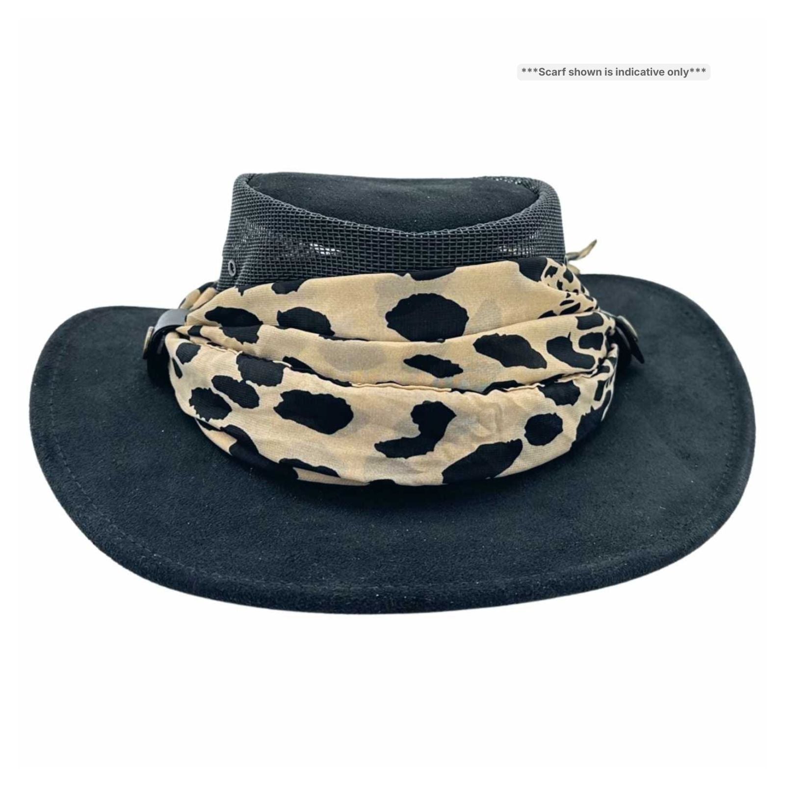 Black wide-brimmed hat with a leopard print scarf on a white background