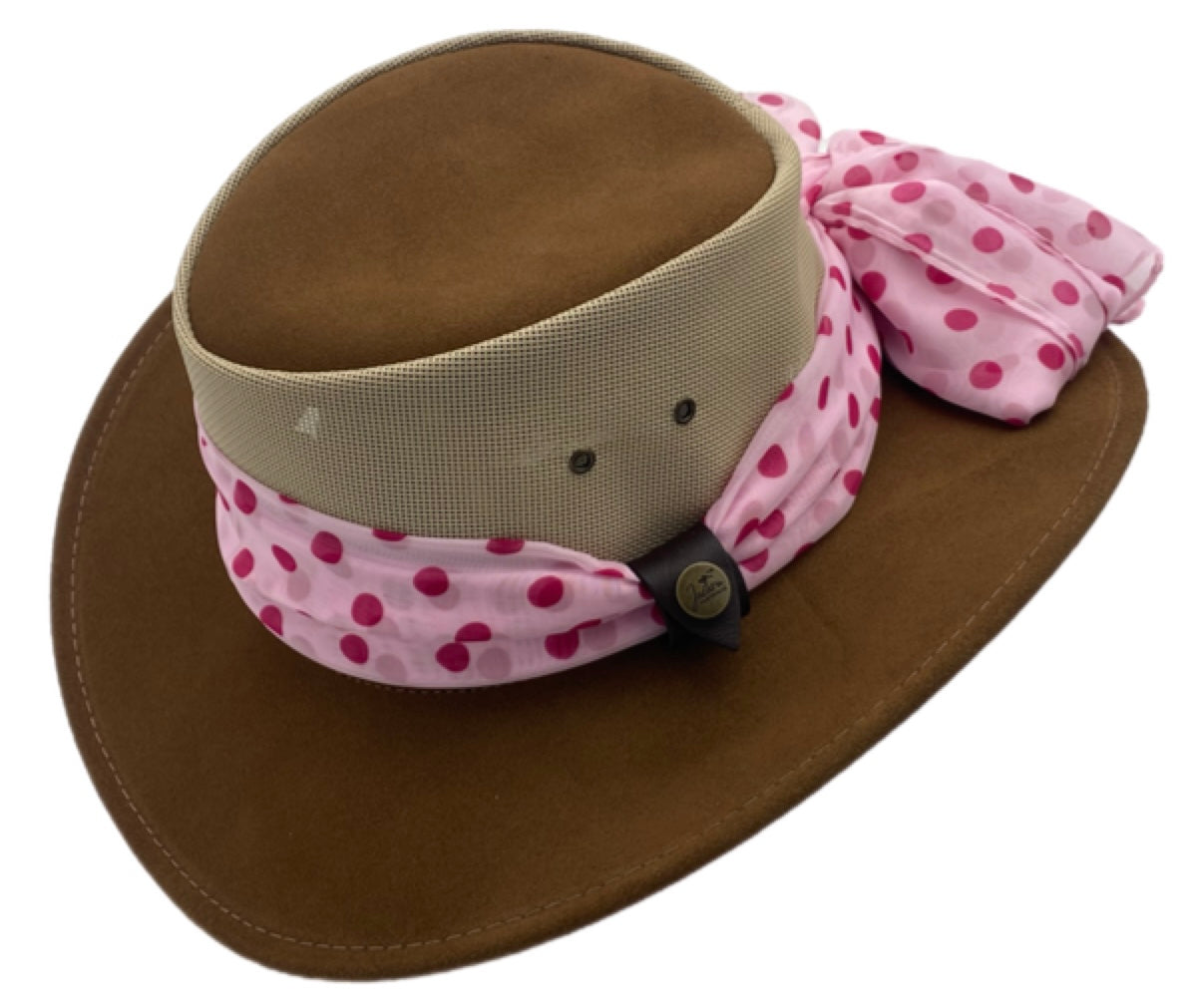 Brown wide-brimmed hat with a leopard print scarf on a white background